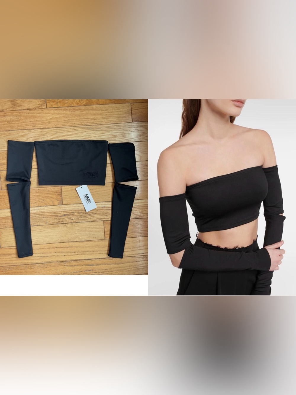 Maison Margiela Off The Shoulder Split Sleeve Black Stretch Crop Top XXS